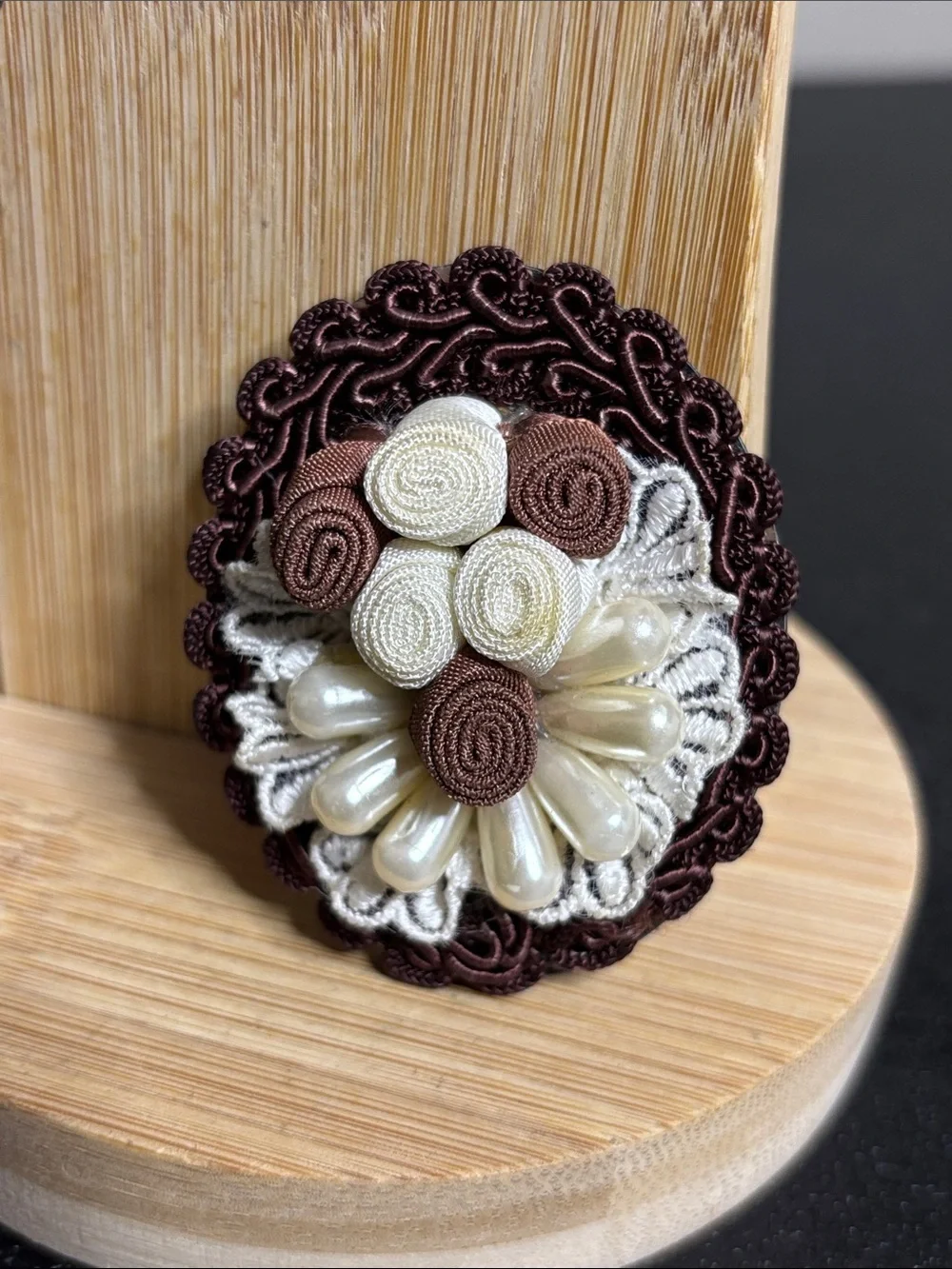 Vintage Ankara Brown Cream Victorian Cottagecore Pearl Brooch
